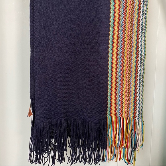 Missoni Wool Blend Knit Zigzag Designer Scarf Fringe Multicolour Blue Italy - Picture 6 of 11